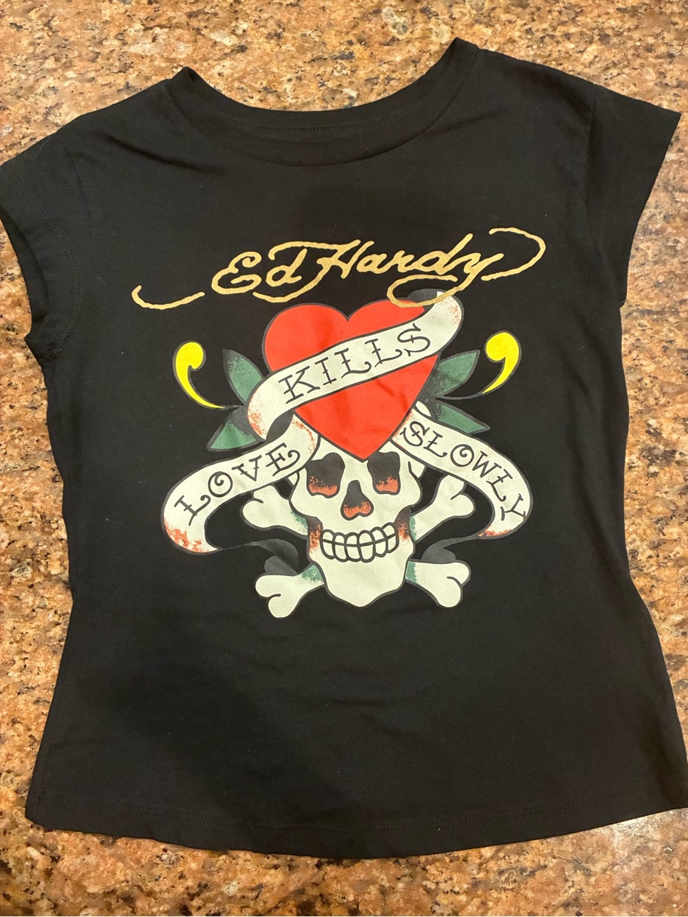 Ed Hardy Kids Black Tee with Red Heart & Skull Graphic